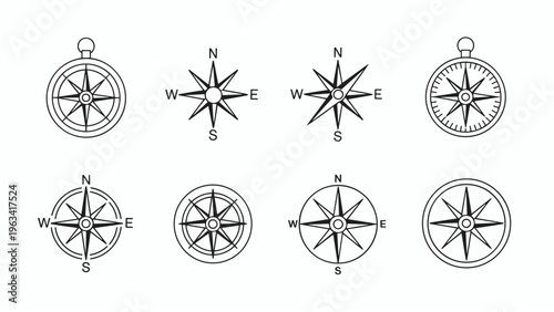 Minimal Compass Line Icon Set  Clean Wind Rose Navigation Symbols