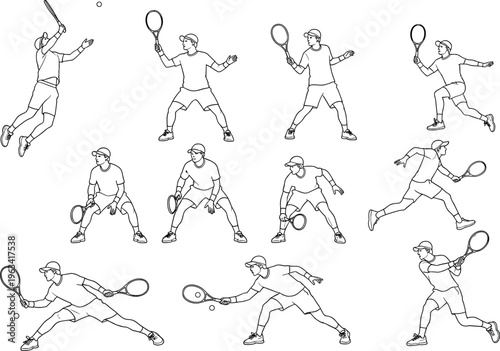 Tennis player action poses set featuring serving hitting forehand backhand movements dynamic athlete line art vector illustration isolated on white background