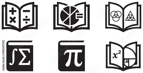 Collection of mathematical icons representing different concepts and formulas within books.