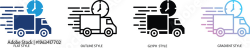 Fast delivery truck icon set in flat, outline, glyph and gradient styles representing express shipping and quick courier service. Concept of logistics, time and transport for web and mobile app design