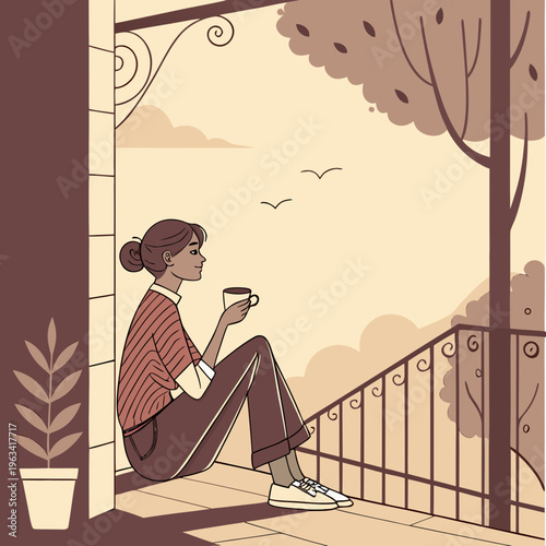 Woman sitting on a balcony with a cup of coffee