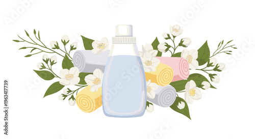 A clear bottle of light blue liquid is framed by jasmine flowers and three rolled pastel towels on a white background.