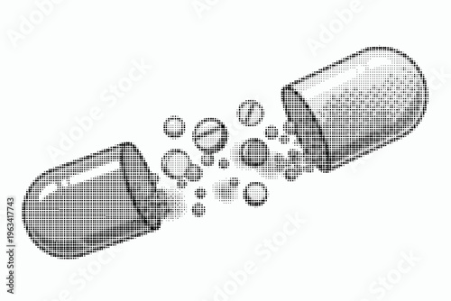 halftone illustration of opened capsule with particles spilling out