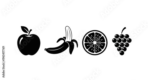 Set of Black and White Fruit Icons: Apple, Banana, Orange Slice, and Grapes