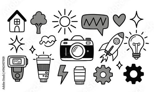 Hand drawn doodle icon set with camera and photography elements, creative vector illustrations for social media, black and white sketch icons