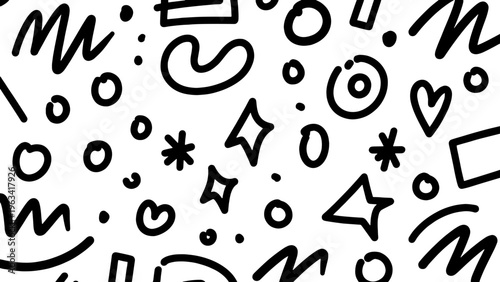 Hand drawn doodle pattern with abstract geometric shapes, black and white seamless background, playful scribbles and minimalist line art vector