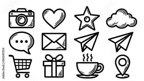 Hand drawn social media icons set, black ink doodle vector elements, sketch style communication and e-commerce symbols for web design