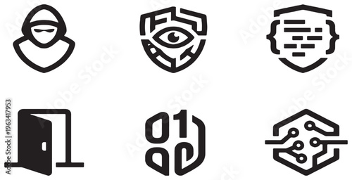 Collection of six cybersecurity icons representing hacking, surveillance, coding, access, data, and network security.