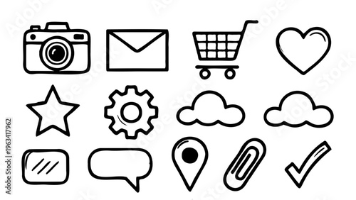 Hand drawn social media icons set, 13 black outline doodle elements for web design, minimalist sketch interface symbols on white background