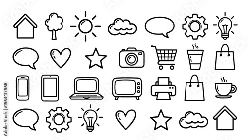 Hand drawn doodle icon set, collection of 28 black outline vector symbols, minimalist web and social media interface elements on white background