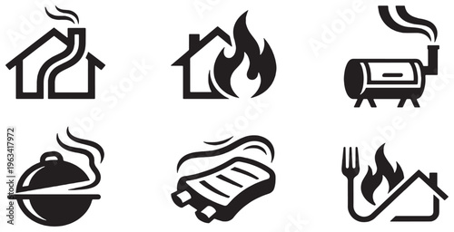 Collection of six simple black and white icons representing cooking, fire, and houses.