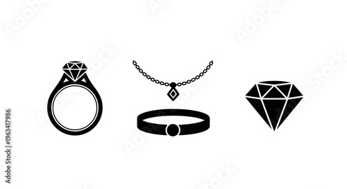 Set of Minimalist Jewelry Icons with Diamond Ring Necklace and Gemstone