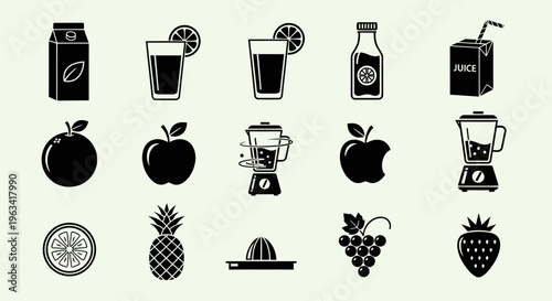 Set of Fruit Juice and Healthy Food Icons