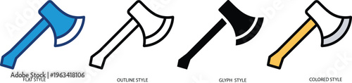 Axe icon set in flat, outline, glyph and colored styles representing lumberjack tool and forestry equipment. Concept of wood chopping, camping survival and carpentry for web and mobile app UI design.