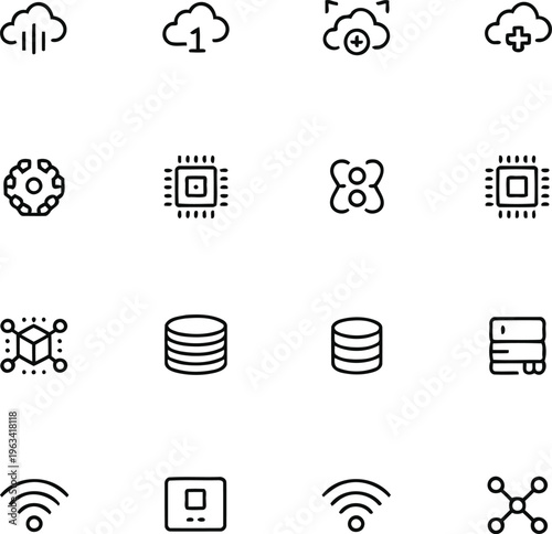 Cloud computing, technology icons, data storage, network symbols, 12 black line icons