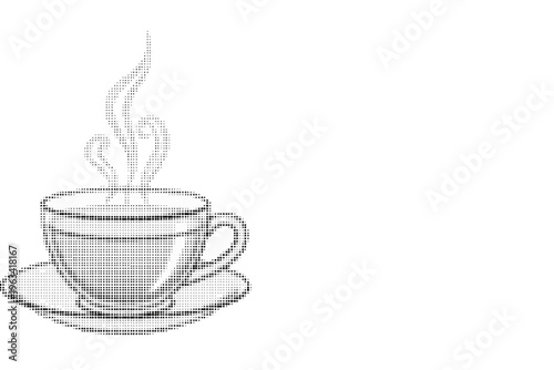 Halftone illustration of steaming hot cup of coffee on saucer