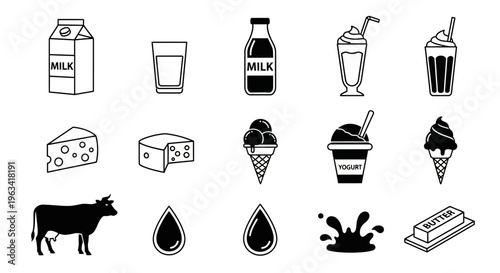 Set of Dairy Product Icons and Farm Elements