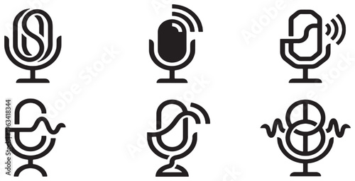 Set of six modern microphone icons representing audio recording and broadcasting.