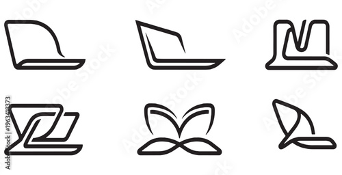 Collection of abstract minimalist line art icons representing laptops and open books, symbolizing technology and knowledge.