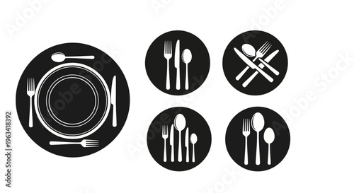 Cutlery and plate icons, restaurant dining symbols in circular frames, white background