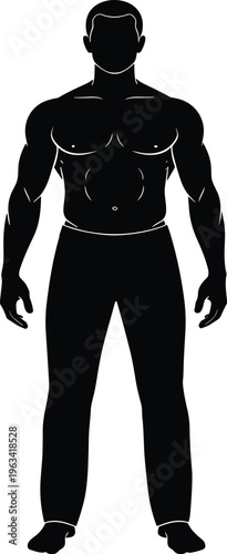 Black and white silhouette of a muscular man standing in a front view pose showing athletic body on white background