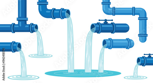 Various blue pipes of different shapes are shown with water actively flowing out, creating splashes and circular ripples on a pristine white surface.