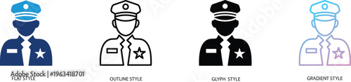 Police officer icon set in flat, outline, glyph and gradient styles representing law enforcement, security guard, cop avatar, public safety and protection for web, mobile and software UI design.