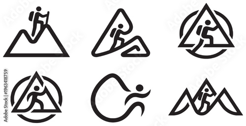 Set of stylized icons representing hiking and climbing adventures in mountainous terrain.