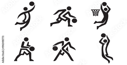 Set of six stylized icons representing different basketball actions and players in silhouette form.