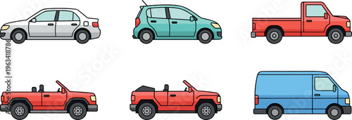 Car vehicle collection with sedan hatchback pickup convertible and delivery van flat vector illustration set