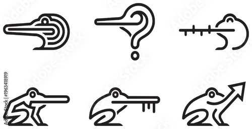 Set of six abstract line art icons depicting frogs in various conceptual poses and actions, representing ideas and emotions.