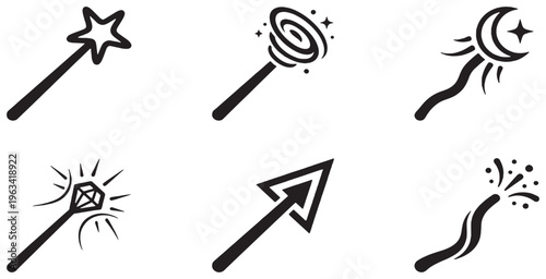 Collection of six magical wand icons with different magical effects and symbols.