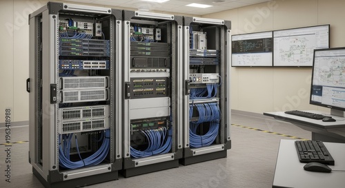 A modern data center with multiple server racks, cables, and network equipment, surrounded by a control room with monitors and a desk.