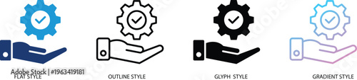 Hand with gear icon representing technical support, managed services and quality assurance. Concept of successful setup, reliable maintenance and system approval for web and mobile application design.