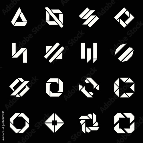 Set of abstract geometric shapes and logos in white on a black background.
