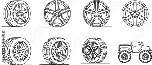 Car wheel and tire icon set with alloy rims off road truck and automotive wheel variations vector illustration