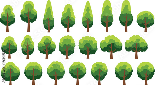 Green tree collection with different shapes and styles, cartoon forest and park foliage illustration set isolated on white background for landscape and nature design