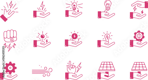 Collection of creative hand icons illustrating energy concepts and renewable energy solutions with transparent background