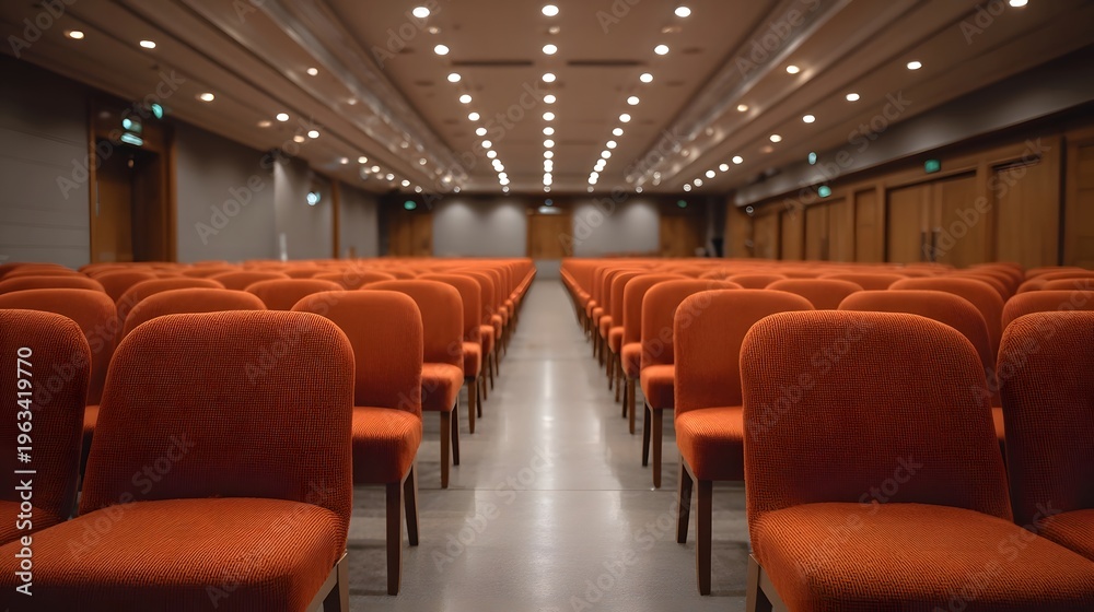 Fototapeta premium Rows of empty orange chairs fill a modern conference hall ready for an event
