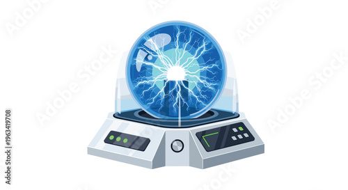 A plasma ball with blue electrical discharges rests on a futuristic gray base.