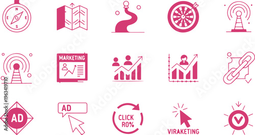 Collection of digital marketing and advertising icons featuring strategy tools and performance metrics on transparent background
