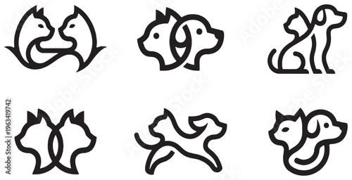 Collection of stylized line art icons featuring cats and dogs in various intertwined and complementary poses.