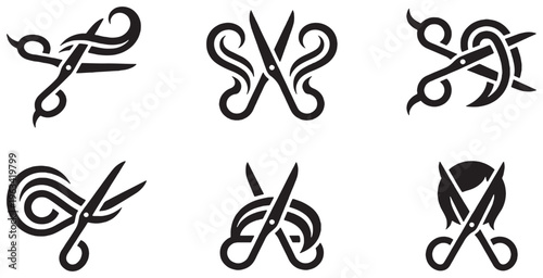 Collection of six stylized black scissors icons with swirling lines, representing hair cutting and salon services.