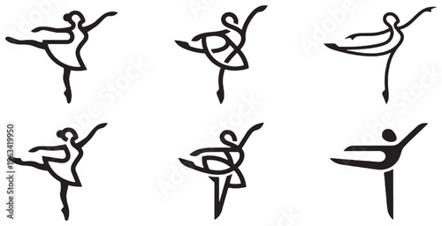 Set of six stylized ballet dancer icons in black and white, showcasing different graceful poses and movements.