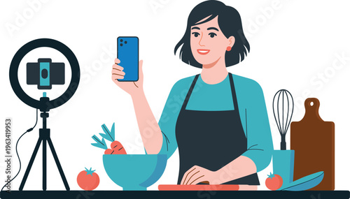 Food blogger, cooking, recording video, smartphone, ring light, kitchen, content creator, social media, recipe tutorial, influencer, healthy food, lifestyle