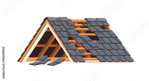 A damaged roof section shows exposed wooden rafters and missing dark gray shingles.