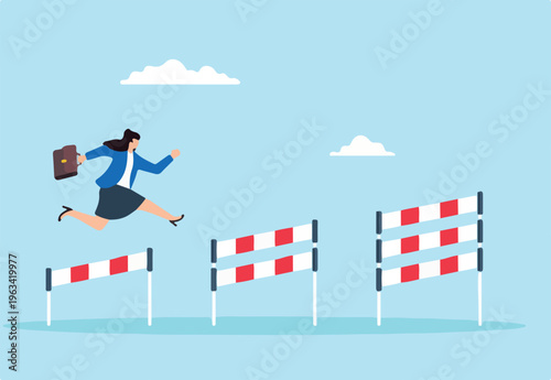 Flat illustration of businesswoman confidently jumping over hurdles to overcome career challenges and achieve success