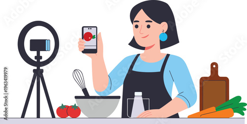 Young female food blogger recording healthy cooking tutorial with smartphone, ring light, vegetables, kitchen, content creation lifestyle, home studio setup