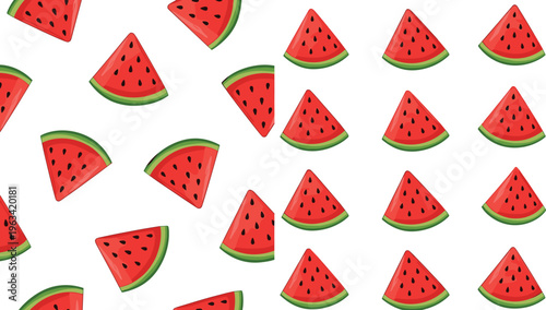 Watermelon slice pattern collection with fresh juicy summer fruit pieces, seamless decorative food illustration set isolated on white background for textile and design