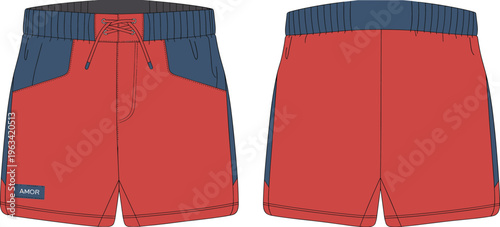 Technical Fashion Flat Drawing of Khaki Cargo Shorts with Large Flap Pockets on the Thighs, a Buckled Waist Belt, and a Front Closure for Utility or Outdoor Wear Vector.